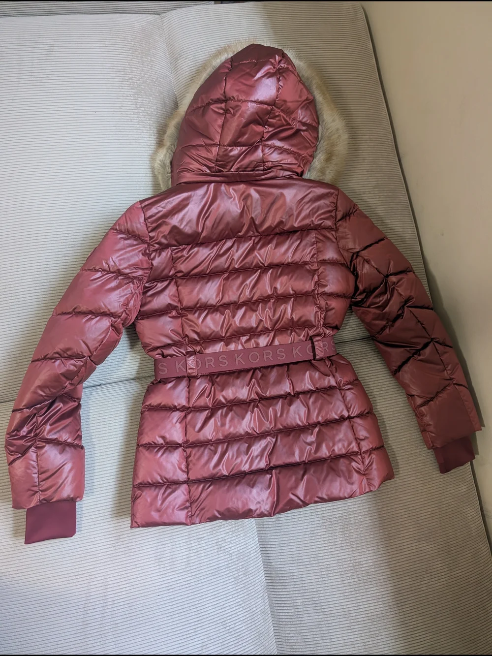 Michael Kors Red Quilted Cherry Belted Puffer Coat with Faux Fur Trim